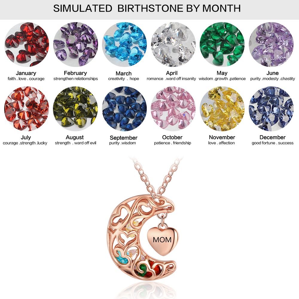 925 Sterling Silver Birthstones Moon Cage Necklace with Heart Charm Pendant - Engraved Memories