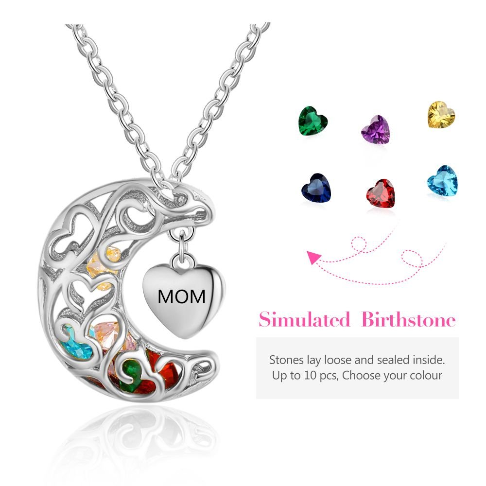 925 Sterling Silver Birthstones Moon Cage Necklace with Heart Charm Pendant - Engraved Memories