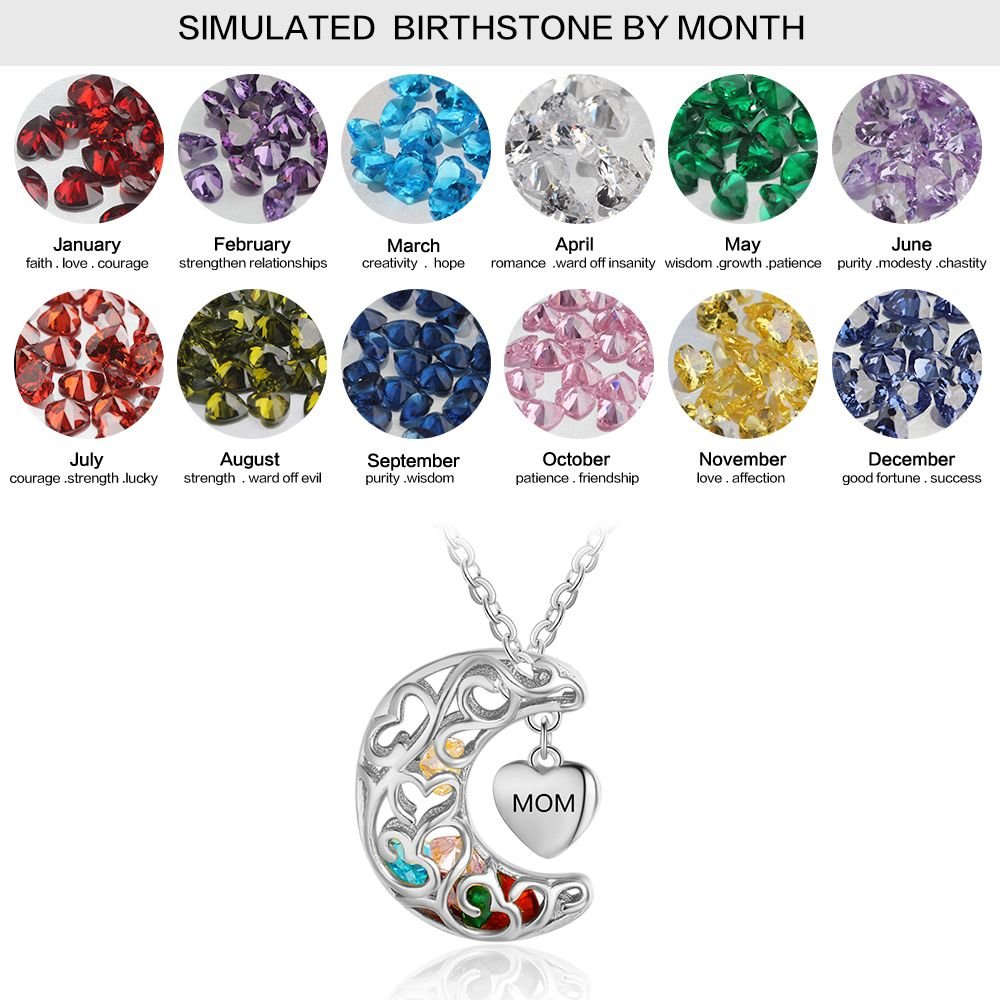 925 Sterling Silver Birthstones Moon Cage Necklace with Heart Charm Pendant - Engraved Memories