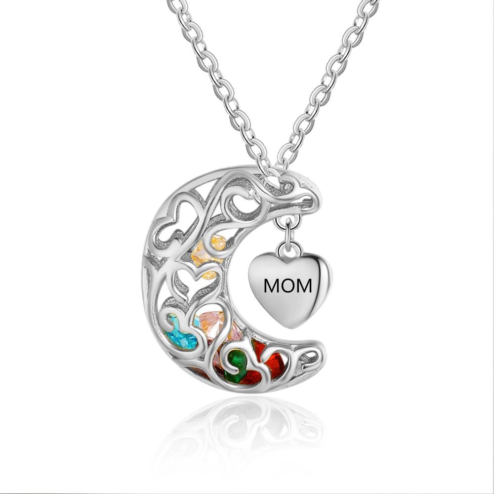 925 Sterling Silver Birthstones Moon Cage Necklace with Heart Charm Pendant - Engraved Memories
