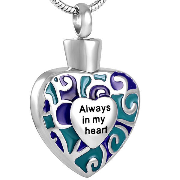 Memorial cremation pendant, heart-shaped urn locket, 316L stainless steel, engraved, 20-inch chain.