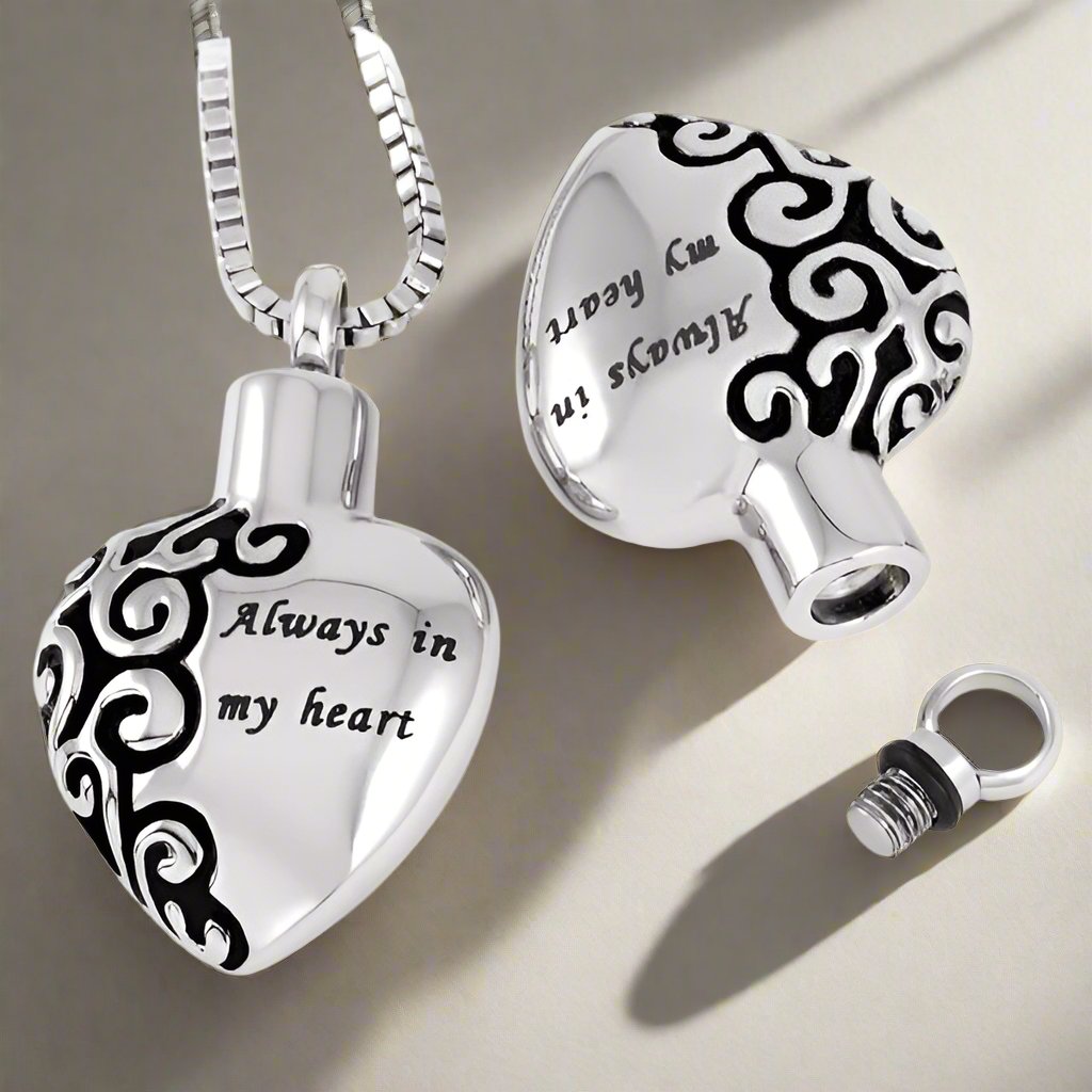 "Always in my heart" cremation jewellery, heart pendant with necklace - Engraved Memories