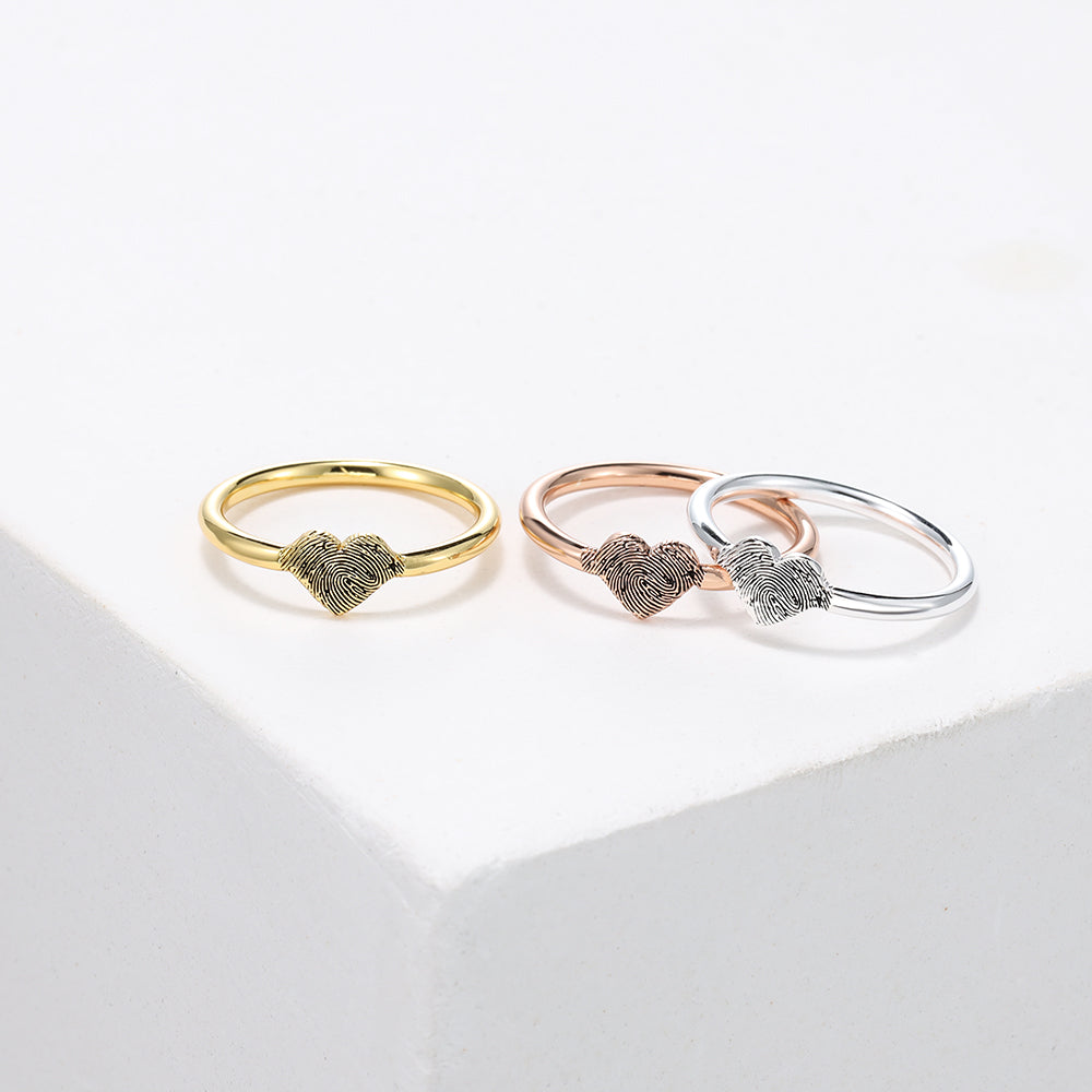 925 sterling silver fingerprint heart ring, personalized engraving, available in sizes 5-10, elegant keepsake.