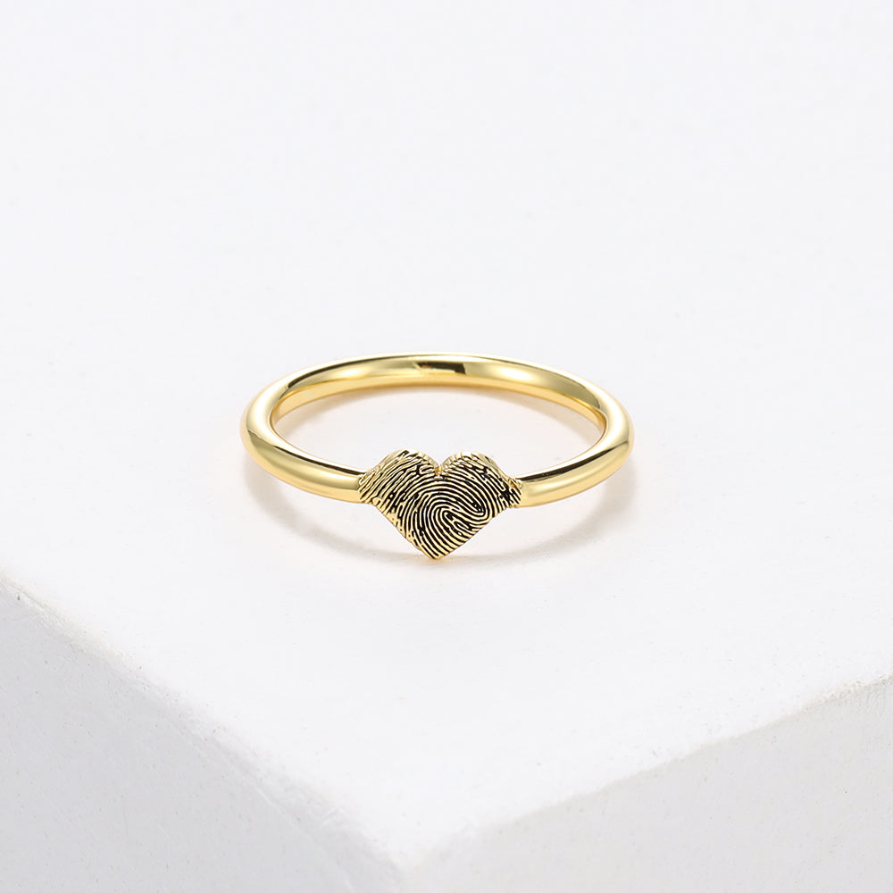 925 sterling silver fingerprint heart ring, personalized engraving, available in sizes 5-10, elegant keepsake.