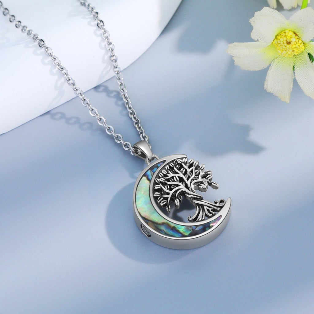 Stainless steel ashes necklace, moon and family tree design, personalized, 45+5cm, 11.8g, keepsake for loved ones.