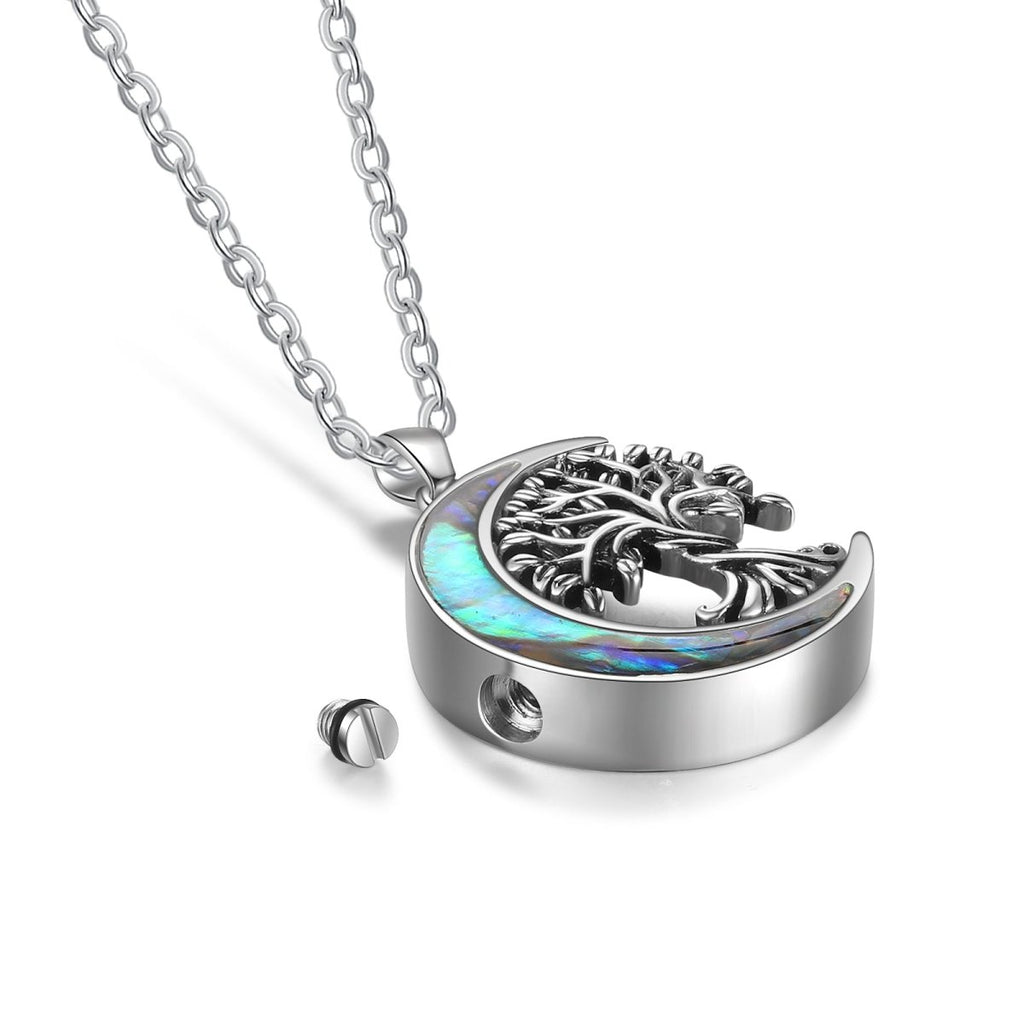 Stainless steel ashes necklace, moon and family tree design, personalized, 45+5cm, 11.8g, keepsake for loved ones.