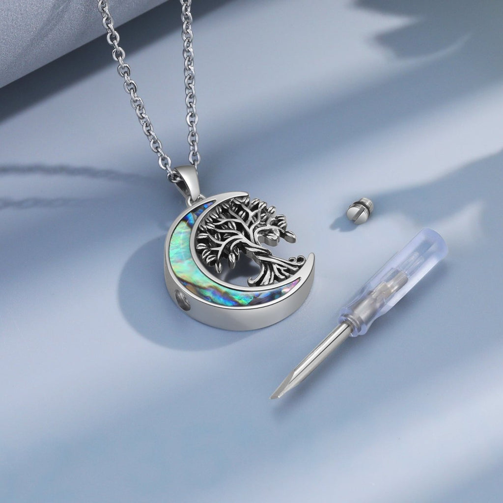 Stainless steel ashes necklace, moon and family tree design, personalized, 45+5cm, 11.8g, keepsake for loved ones.