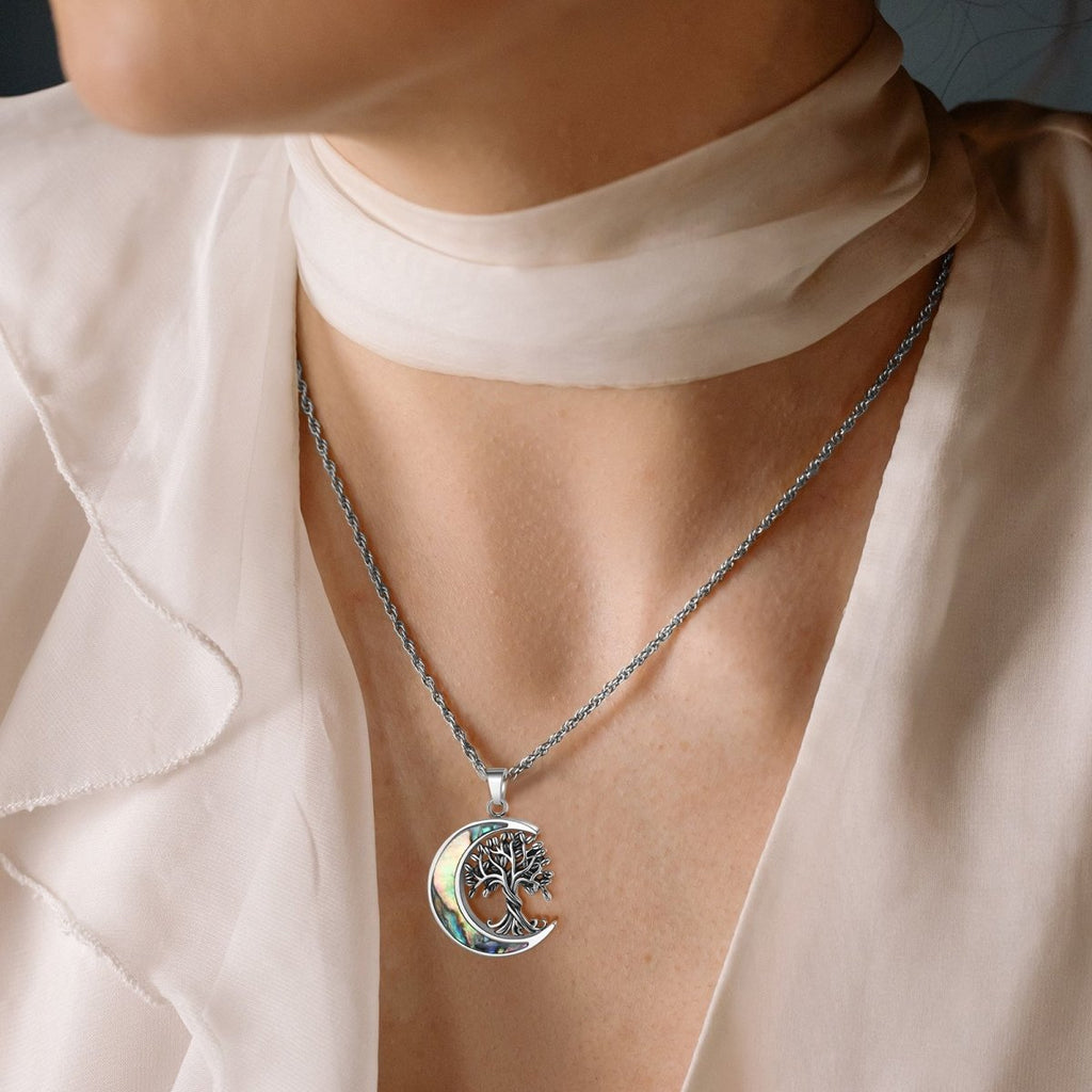 Stainless steel ashes necklace, moon and family tree design, personalized, 45+5cm, 11.8g, keepsake for loved ones.