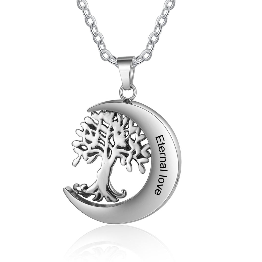 Stainless steel ashes necklace, moon and family tree design, personalized, 45+5cm, 11.8g, keepsake for loved ones.