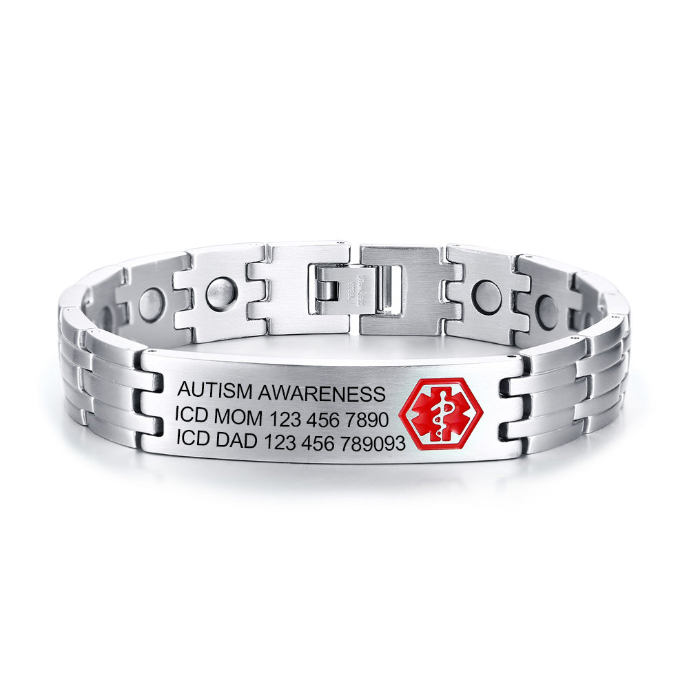 Personalized red medical alert bracelet, titanium steel, gold/white gold/black plated, 21cm, 36.5g.
