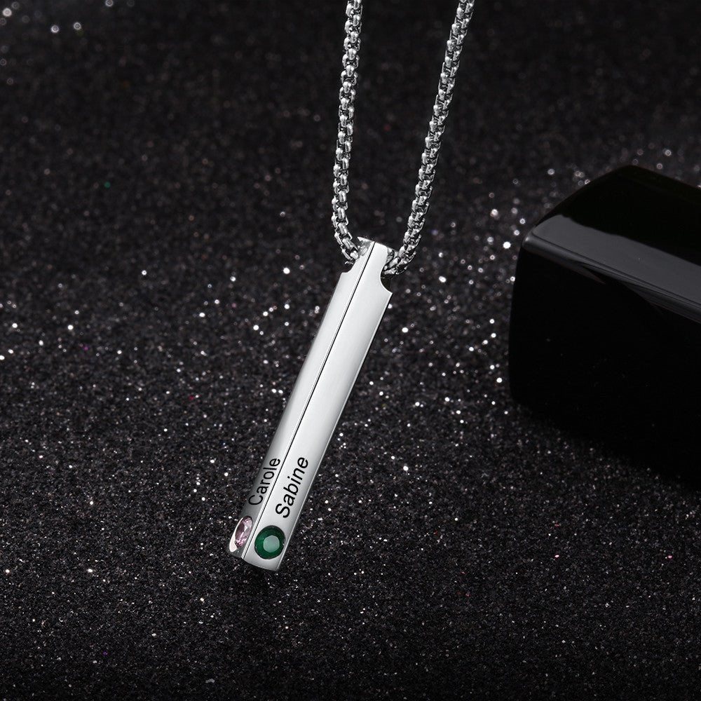 Bar Necklace, Personalised Vertical 3D Pendant with Birthstone, Stainless Steel Engraved Bar Necklace - Engraved Memories