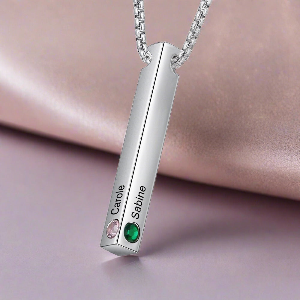 Bar Necklace, Personalised Vertical 3D Pendant with Birthstone, Stainless Steel Engraved Bar Necklace - Engraved Memories