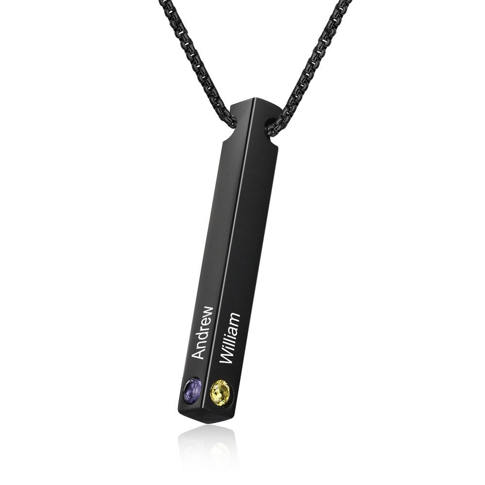 Bar Necklace, Personalised Vertical 3D Pendant with Birthstone, Stainless Steel Engraved Bar Necklace - Engraved Memories