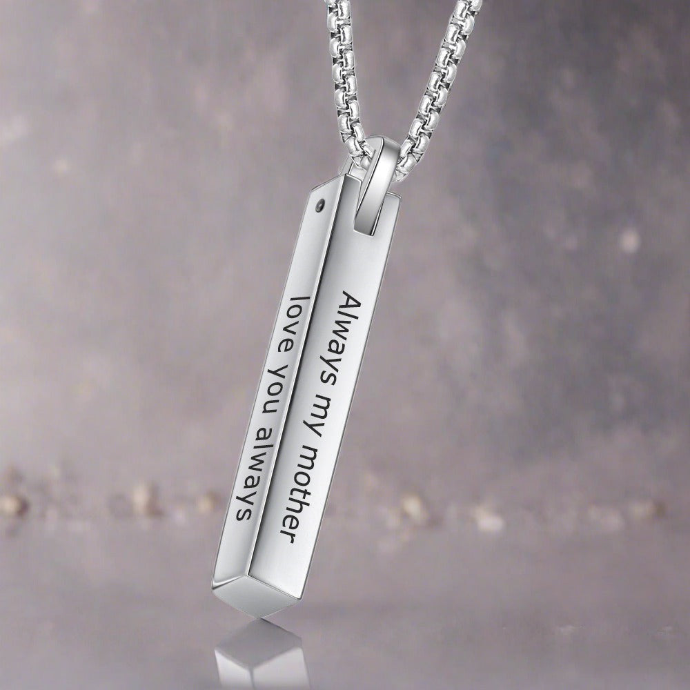 Bar Necklace, Personalised Vertical 3D Pendant with Chain, Stainless Steel Engraved Bar Necklace - Engraved Memories