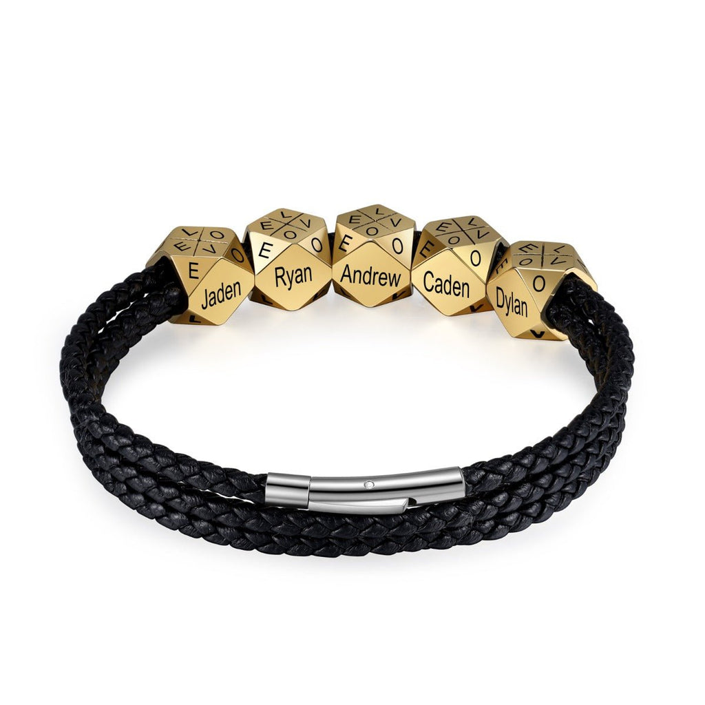 Bead Charm Leather Bracelet, Men's Bracelet, Gift for Dads, Personalised Stainless Steel Gold Bracelet, Name Bracelet - Engraved Memories