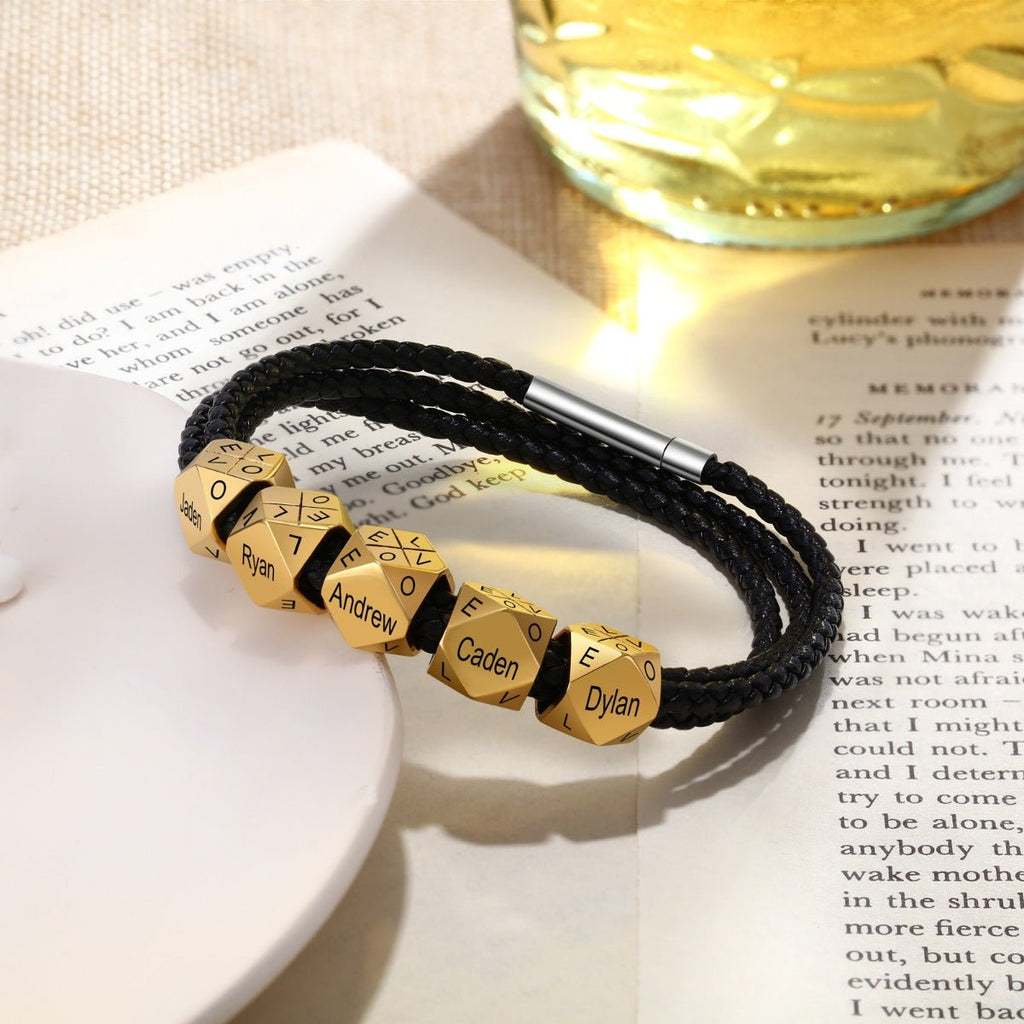 Bead Charm Leather Bracelet, Men's Bracelet, Gift for Dads, Personalised Stainless Steel Gold Bracelet, Name Bracelet - Engraved Memories
