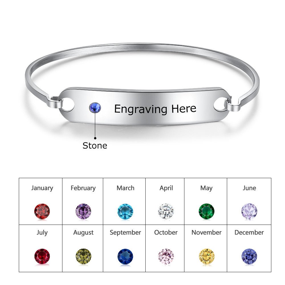 Personalized white gold plated birthstone bangle bracelet, engraved stainless steel, 17cm, 8.1g, perfect for gifting.