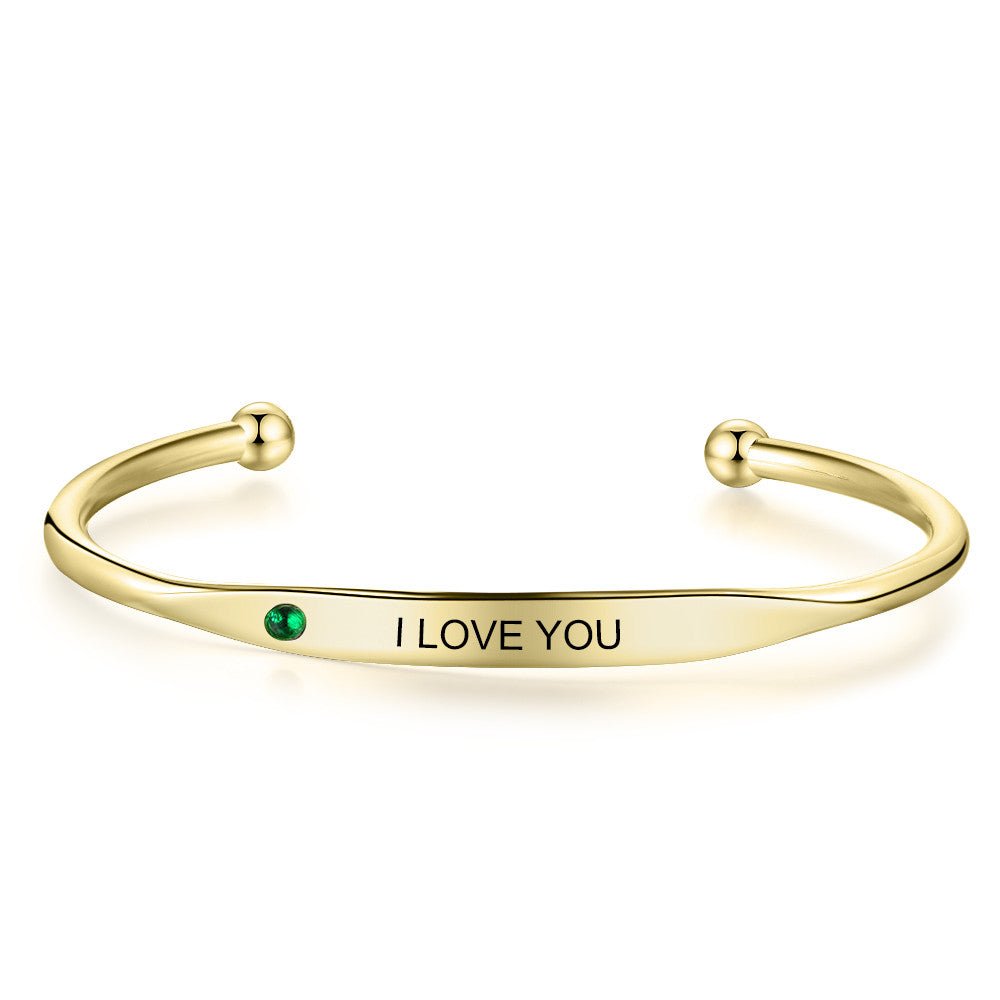 Personalized engraved birthstone bangle, open stainless steel bracelet, available in gold, rose gold, or silver, 17.5cm.