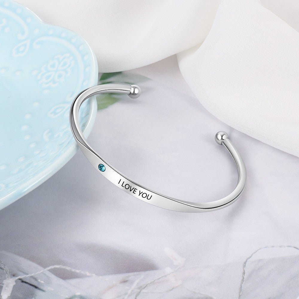 Personalized engraved birthstone bangle, open stainless steel bracelet, available in gold, rose gold, or silver, 17.5cm.
