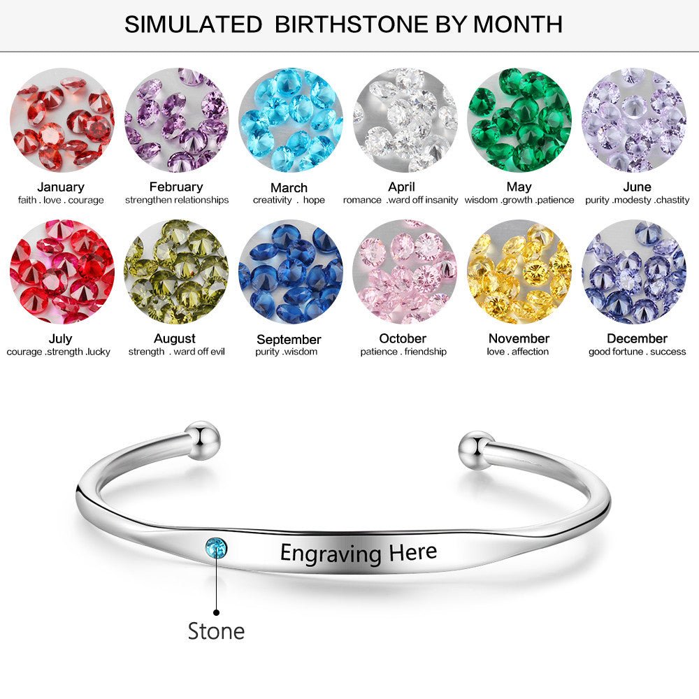 Personalized engraved birthstone bangle, open stainless steel bracelet, available in gold, rose gold, or silver, 17.5cm.