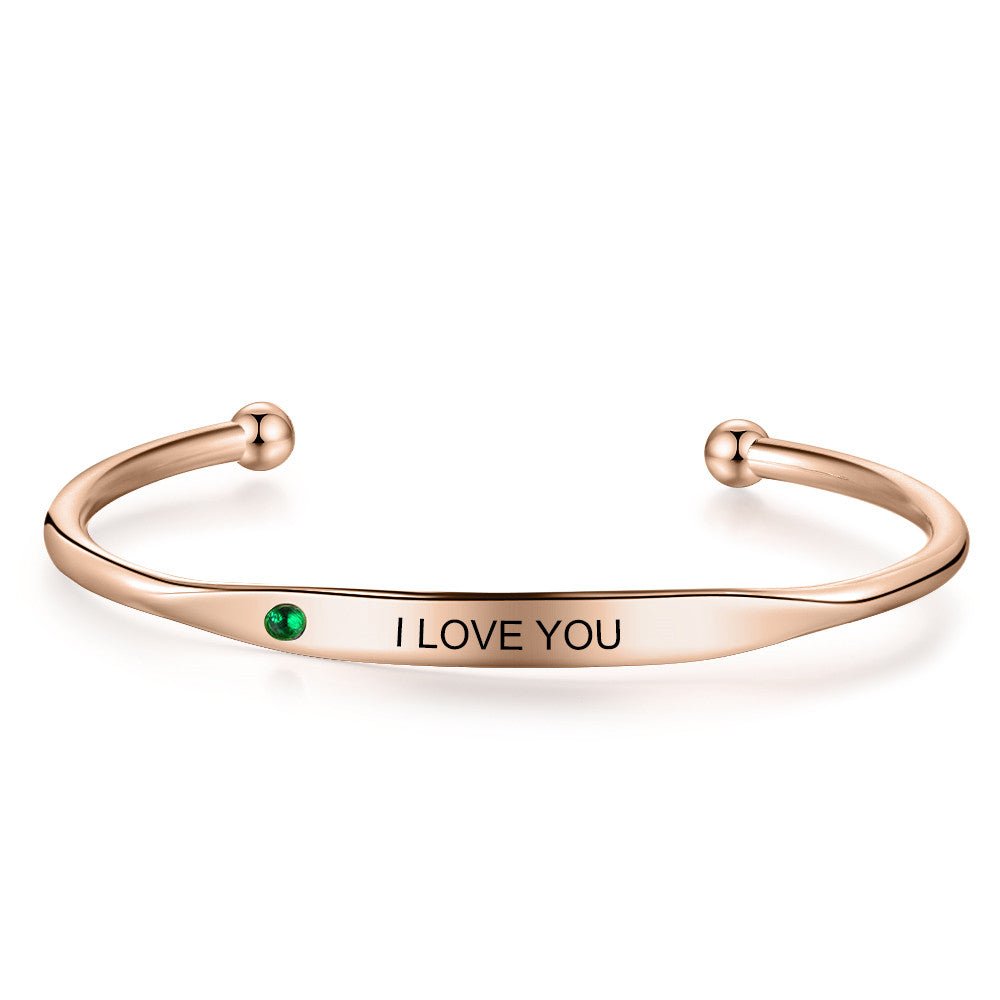 Birthstone Bangle, Personalised Engraved Gold/Rose Gold/Silver Open Bracelet Bangle - Engraved Memories