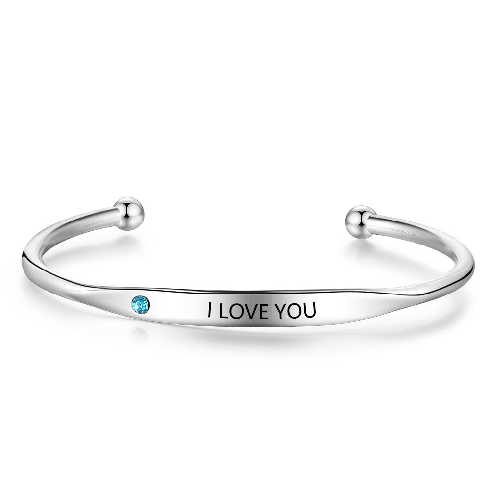 Personalized engraved birthstone bangle, open stainless steel bracelet, available in gold, rose gold, or silver, 17.5cm.