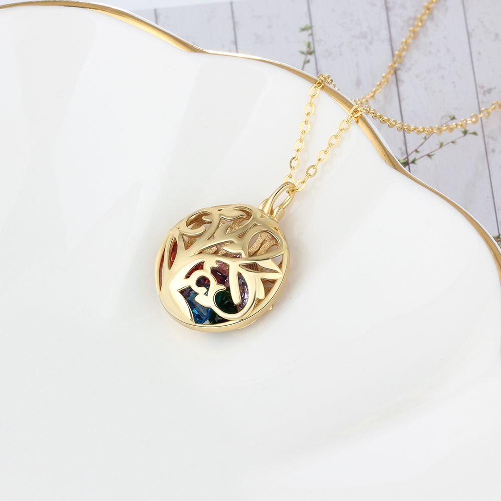 Personalized birthstones hollow pendant necklace, 925 sterling silver with your choice of gold, white gold, or rose gold plating, 45cm chain, 20mm*26mm pendant, 4.6g, perfect for Mother's Day.
