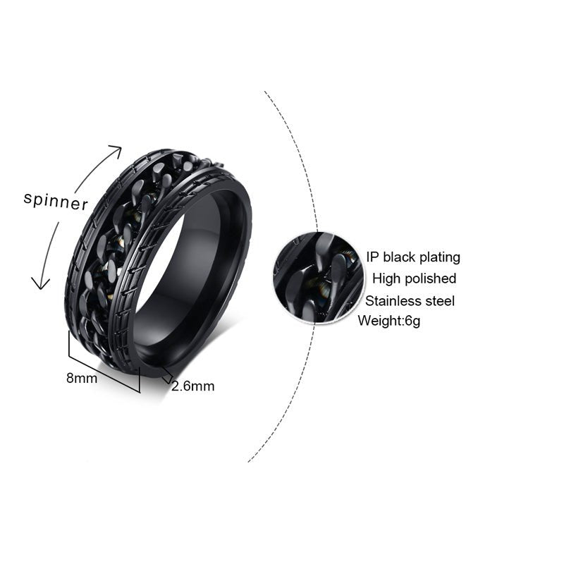 Men's personalized black stainless steel ring with custom flat chain design. Available in US sizes #9, #10, #11, and #12