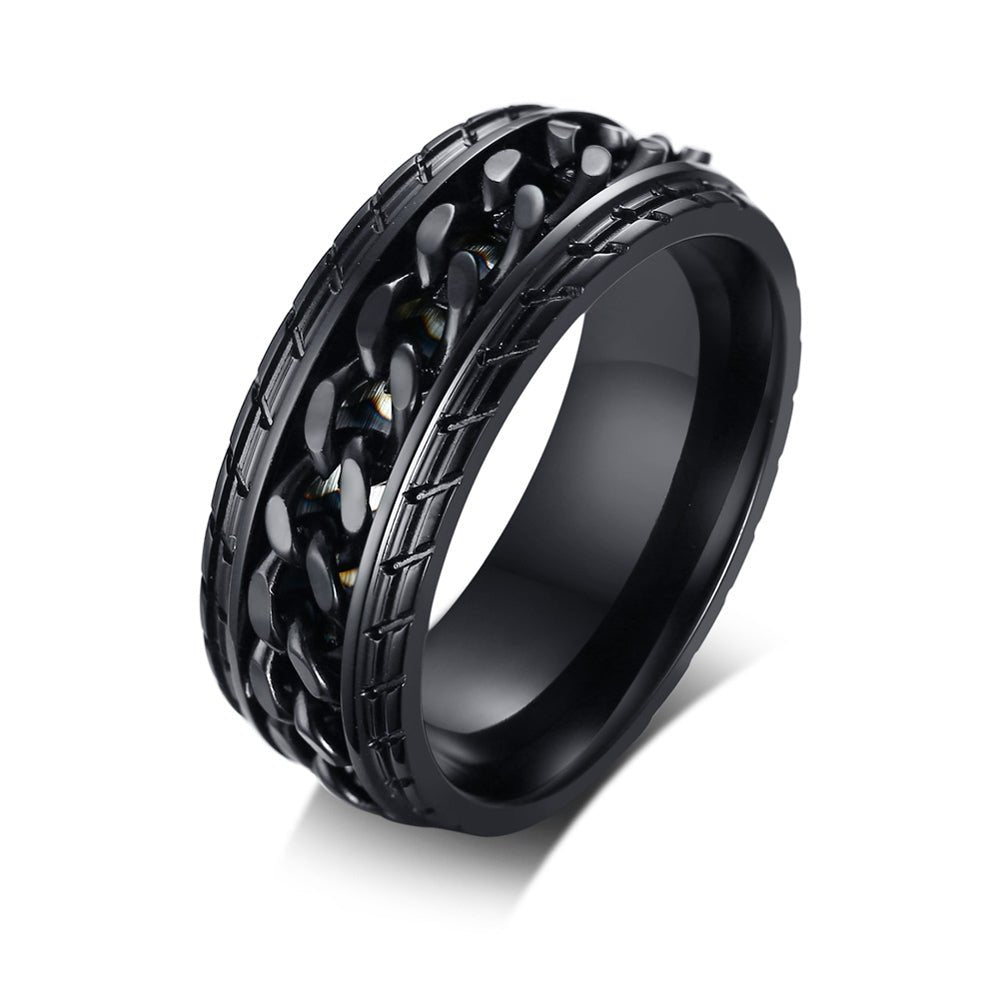 Men's personalized black stainless steel ring with custom flat chain design. Available in US sizes #9, #10, #11, and #12