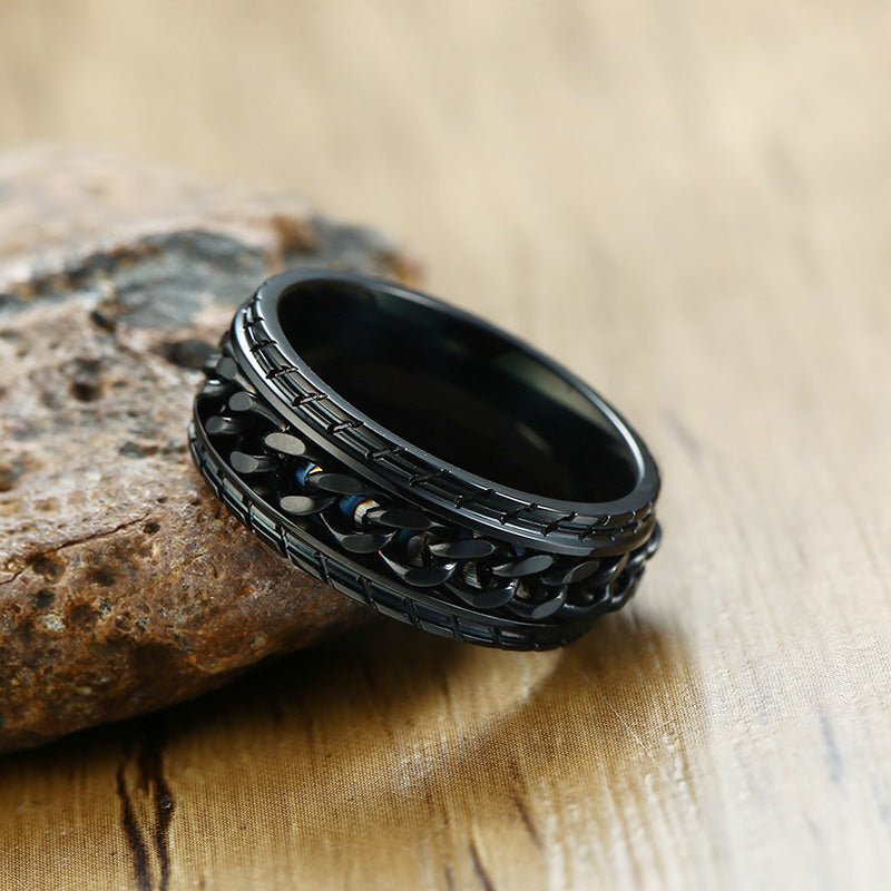 Men's personalized black stainless steel ring with custom flat chain design. Available in US sizes #9, #10, #11, and #12