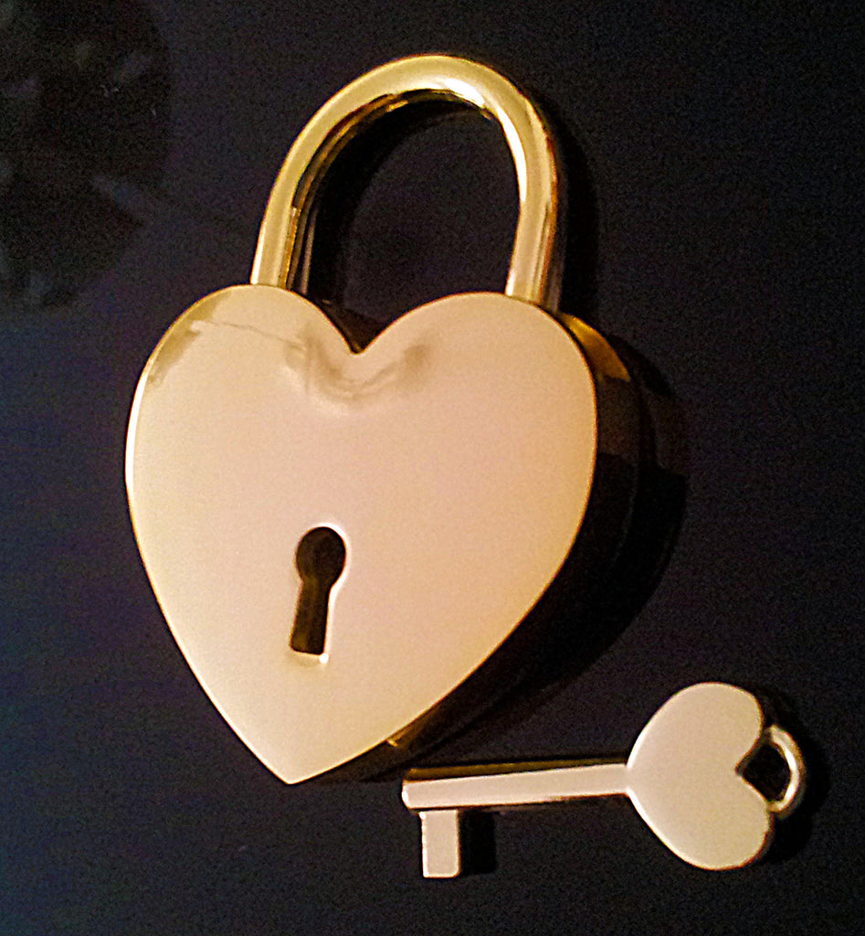 Personalized Gold Love Lock with Key, engrave text on both sides, heart-shaped, 58mm x 44mm.