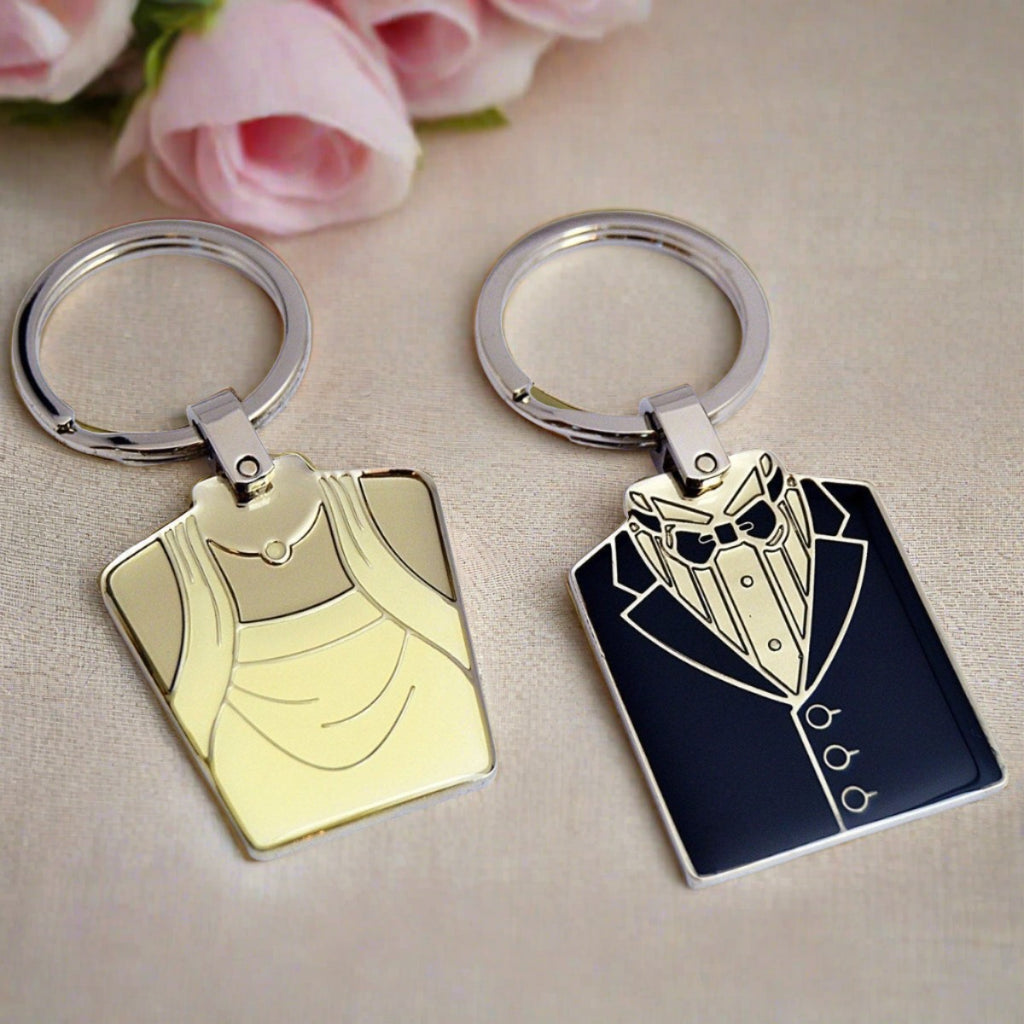 Engravable bride and groom keychain set, personalized with names and dates, perfect Valentine's gift.