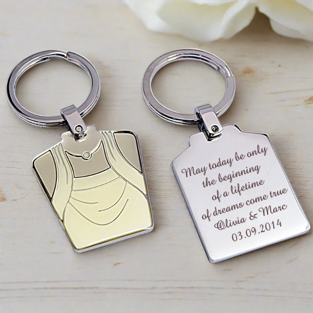 Engravable bride and groom keychain set, personalized with names and dates, perfect Valentine's gift.