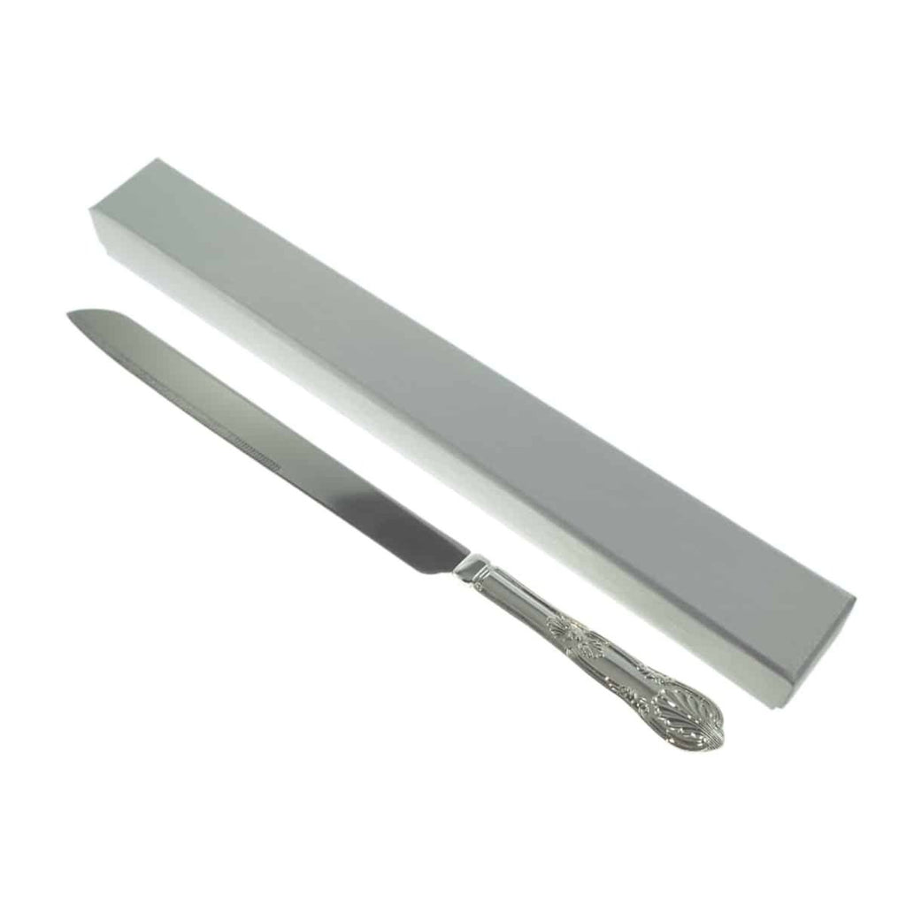 Personalized cake knife in presentation box, engraved with names, date, or message, perfect wedding gift.