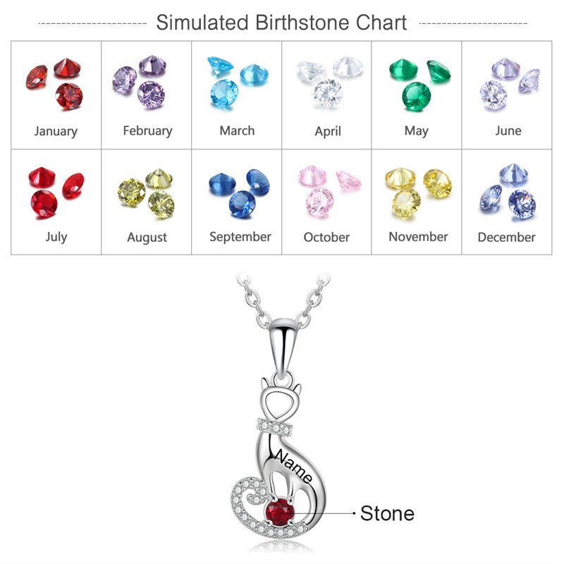 Personalized cat birthstone necklace, 925 sterling silver cat lover's pendant, white gold plated.