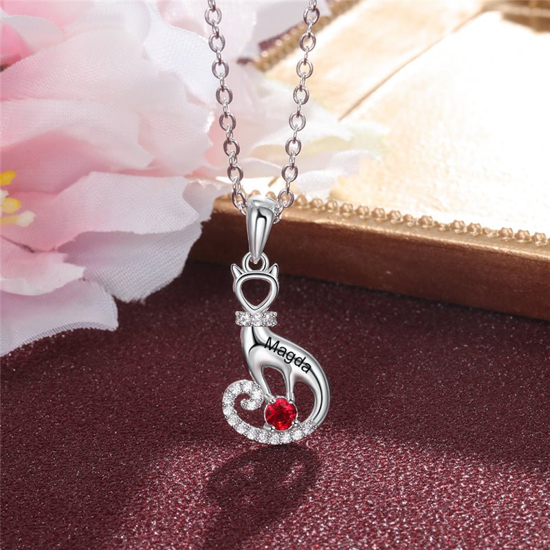Personalized cat birthstone necklace, 925 sterling silver cat lover's pendant, white gold plated.