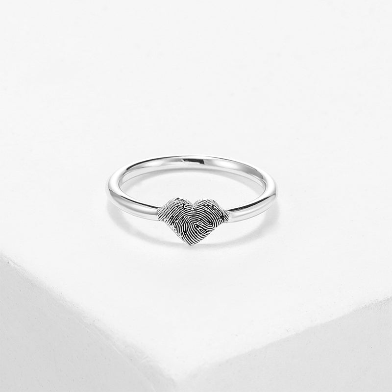 925 sterling silver fingerprint heart ring, personalized engraving, available in sizes 5-10, elegant keepsake.