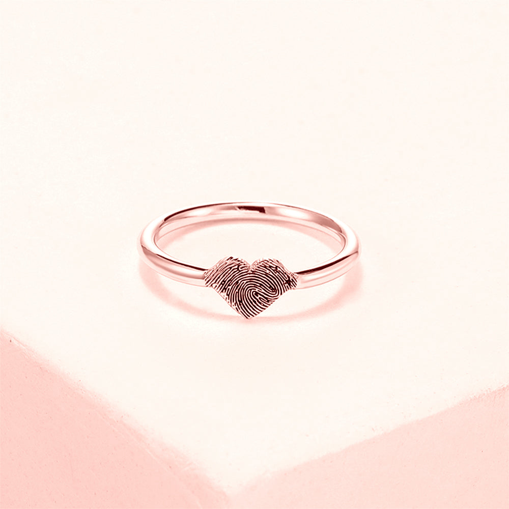 925 sterling silver fingerprint heart ring, personalized engraving, available in sizes 5-10, elegant keepsake.
