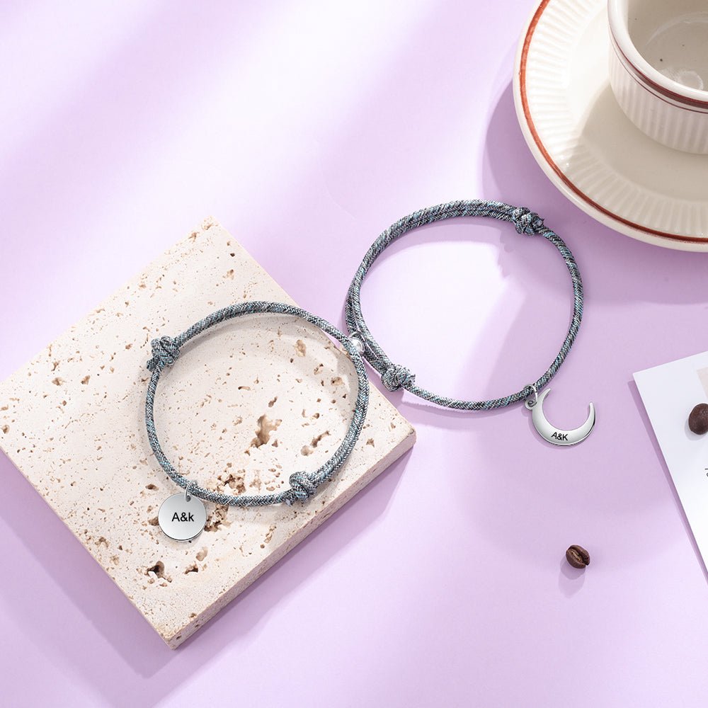 Personalized celestial couple bracelets, engraved charms, romantic gift, white gold plated, adjustable size.