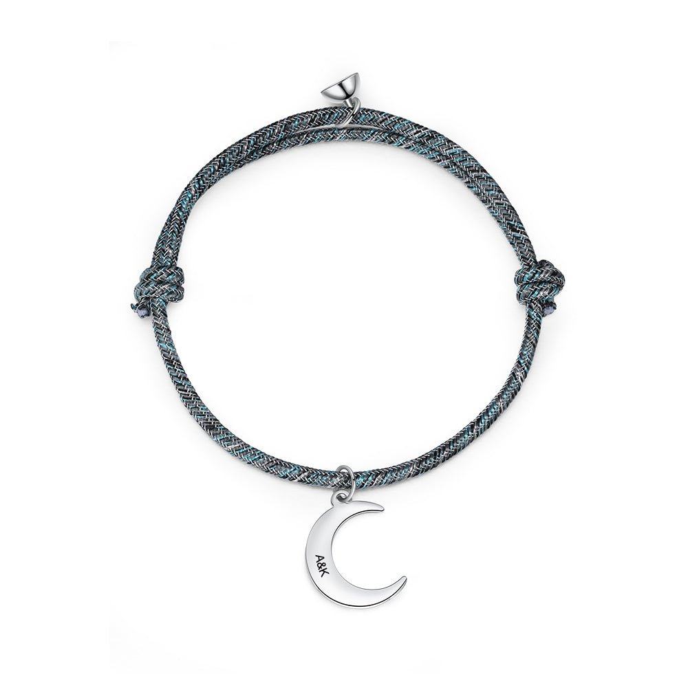 Personalized celestial couple bracelets, engraved charms, romantic gift, white gold plated, adjustable size.