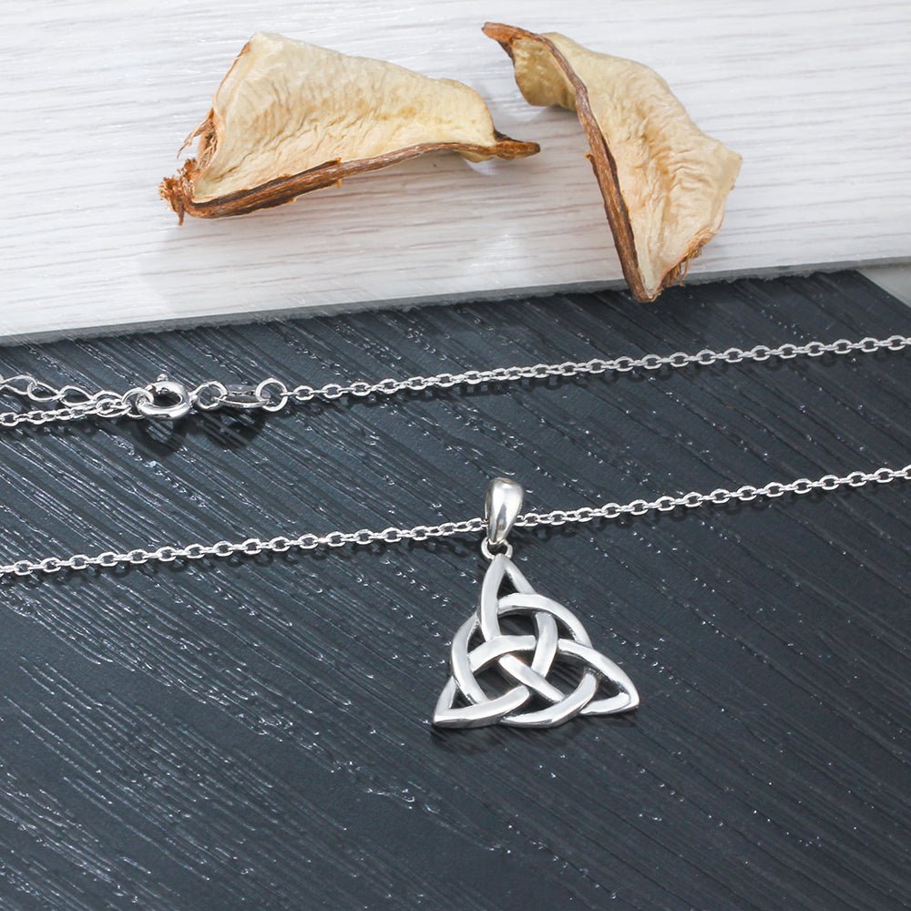 Sterling silver Celtic knot necklace, rhodium plated, 45cm chain, personalized jewelry, timeless design.