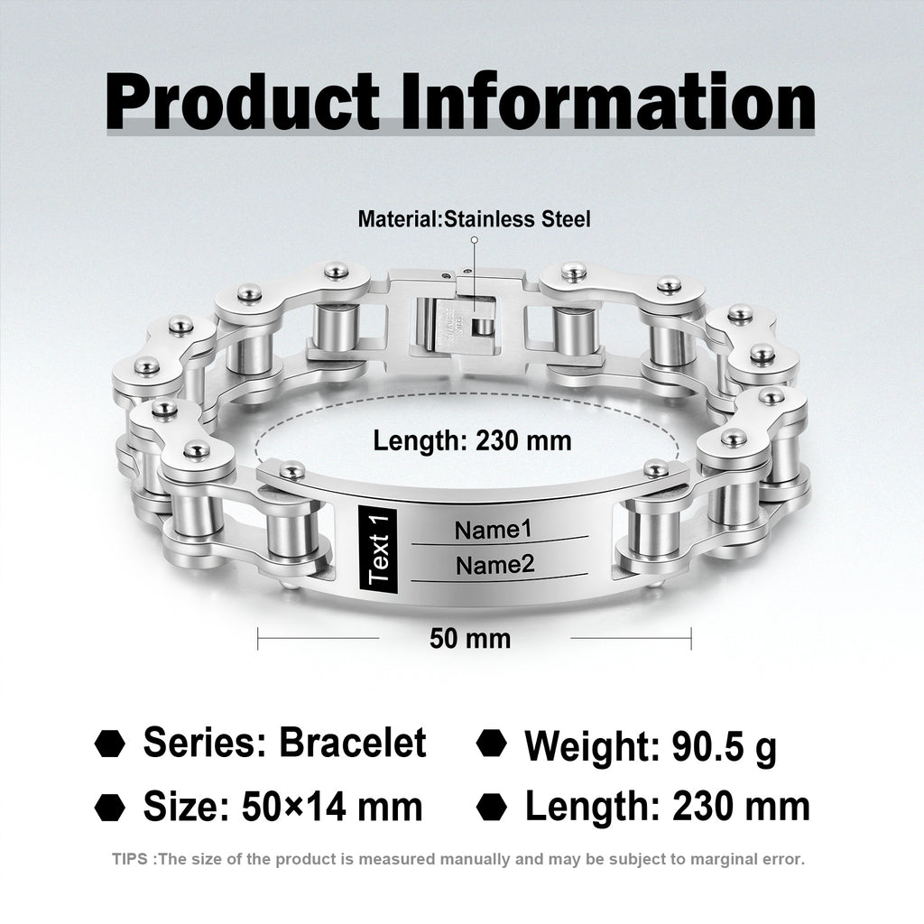 Stainless steel personalised name bracelet with a biker chain design, perfect for Father's Day or any occasion