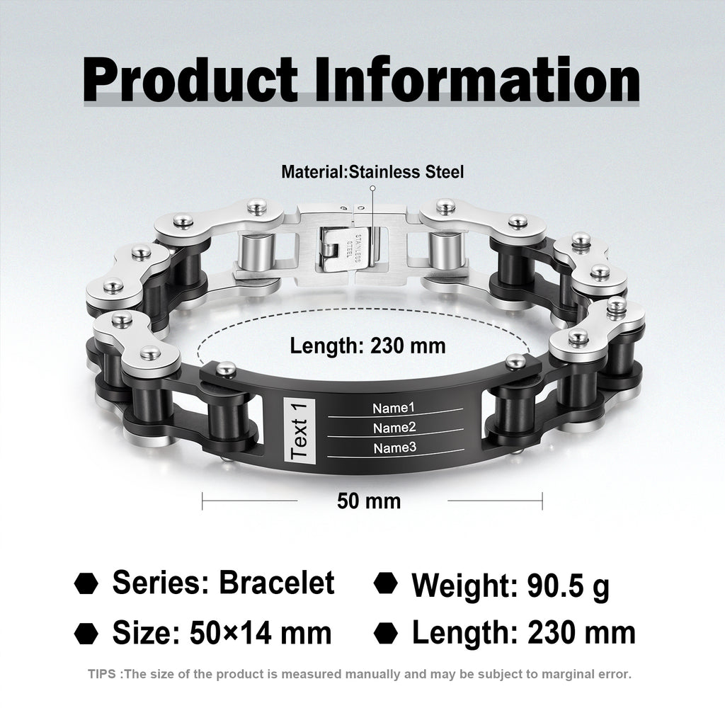 Stainless steel personalised name bracelet with a biker chain design, perfect for Father's Day or any occasion