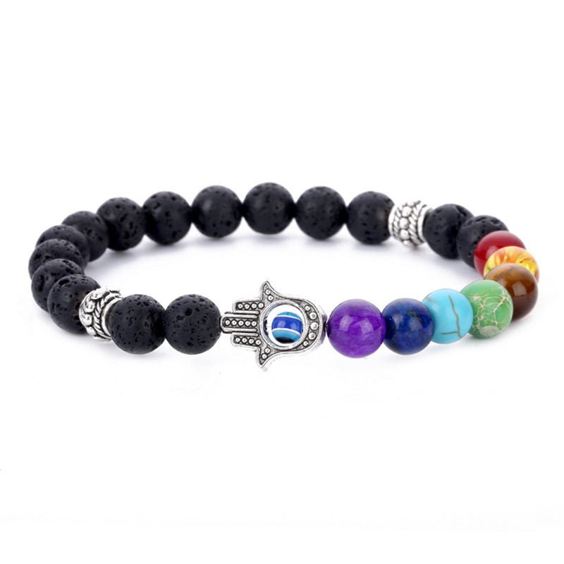 Chakra bead lava stone bracelet with evil eye charm, adjustable, spiritual protection, energy balancing.