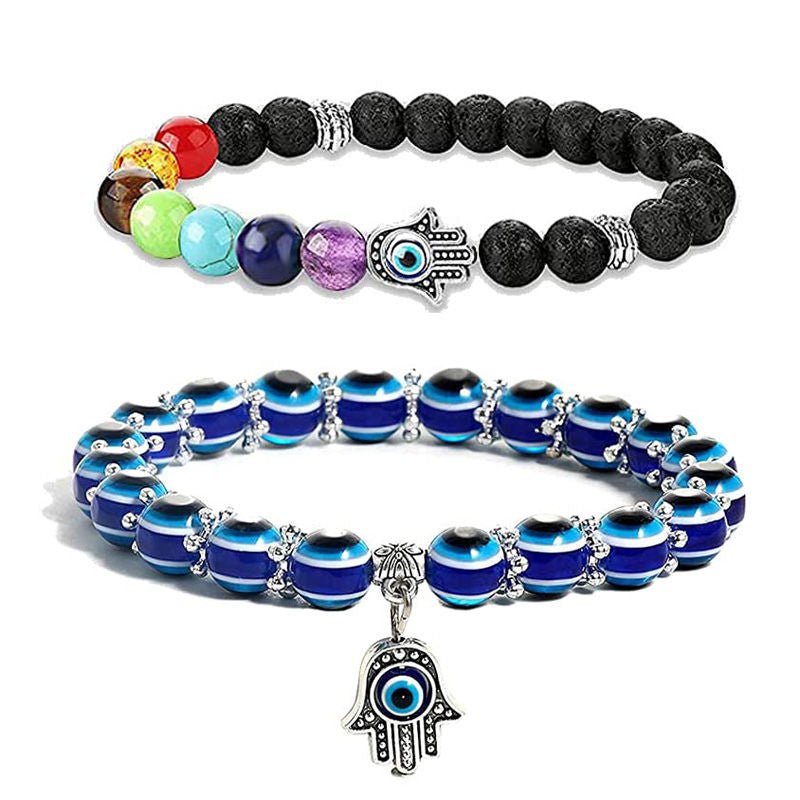 Chakra bead lava stone bracelet with evil eye charm, adjustable, spiritual protection, energy balancing