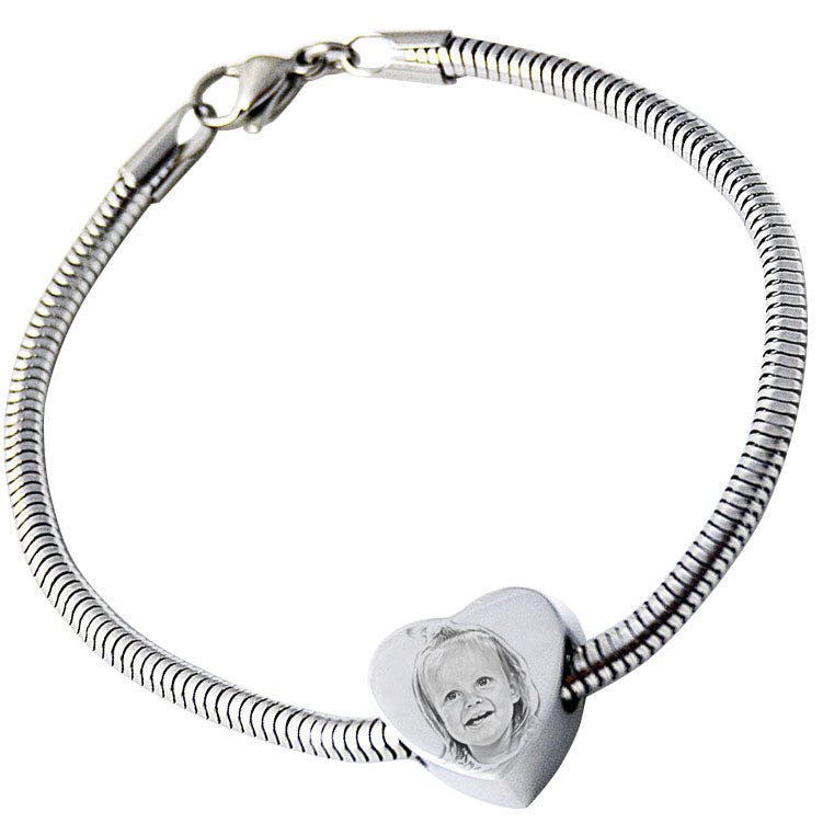 Personalised stainless steel charm bracelet, photo & text engraved, fits Pandora, heart, star, round.