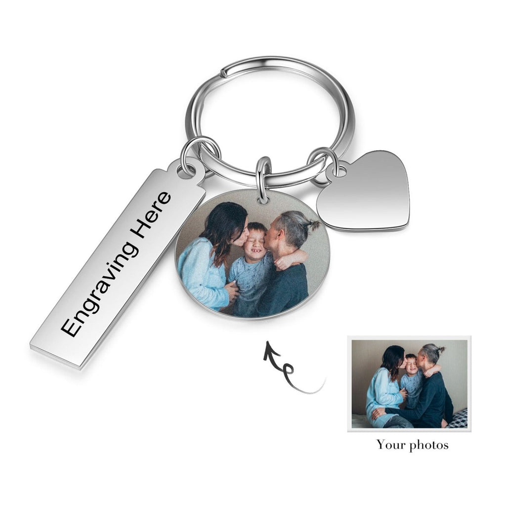 Charms Photo Keychain, Personalised Stainless Steel Photo Round Keychain, Engraved Charm Photo Keyring, Steel Picture Key Chain - Engraved Memories