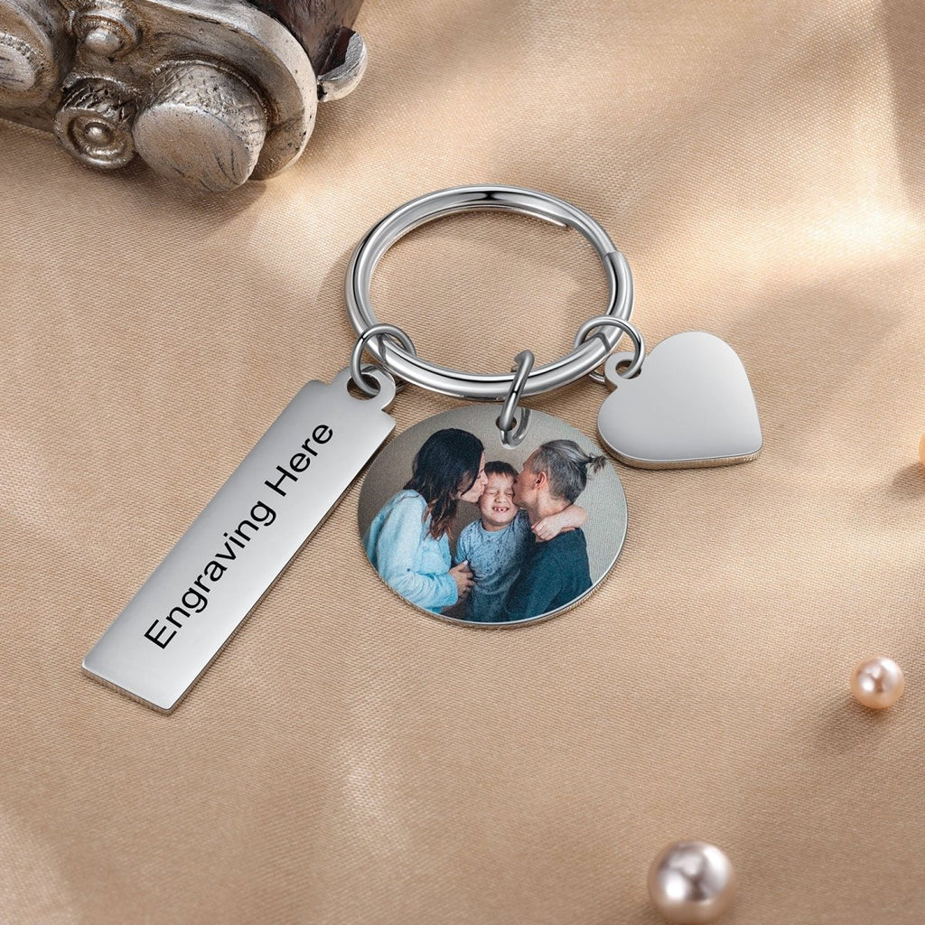 Charms Photo Keychain, Personalised Stainless Steel Photo Round Keychain, Engraved Charm Photo Keyring, Steel Picture Key Chain - Engraved Memories