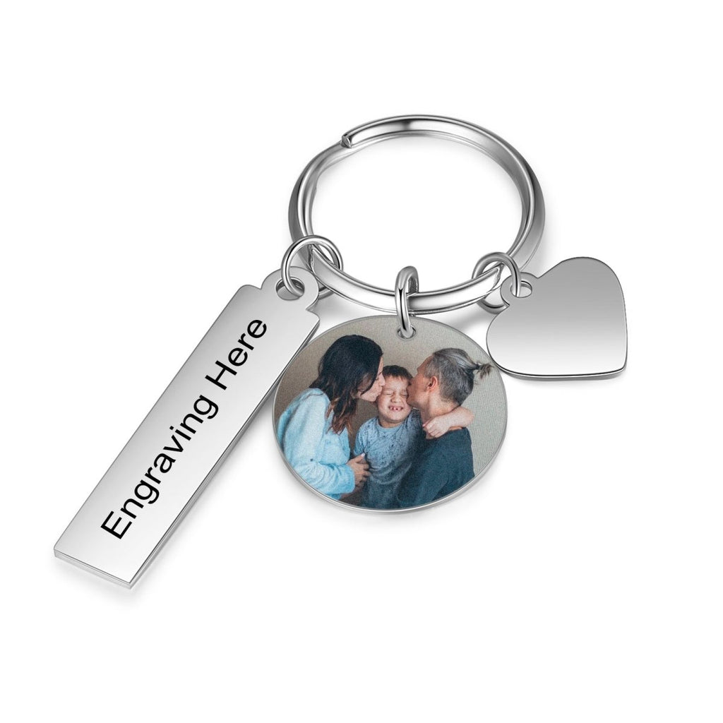 Charms Photo Keychain, Personalised Stainless Steel Photo Round Keychain, Engraved Charm Photo Keyring, Steel Picture Key Chain - Engraved Memories