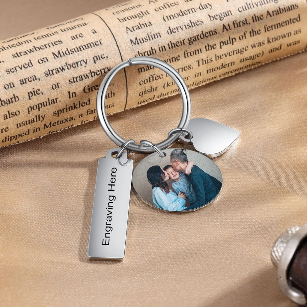 Charms Photo Keychain, Personalised Stainless Steel Photo Round Keychain, Engraved Charm Photo Keyring, Steel Picture Key Chain - Engraved Memories